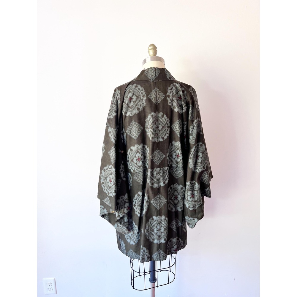 Vintage Haori Kimono Jacket Brown Grey Geometric Medallion Woven Silk Blend - Picture 3 of 6